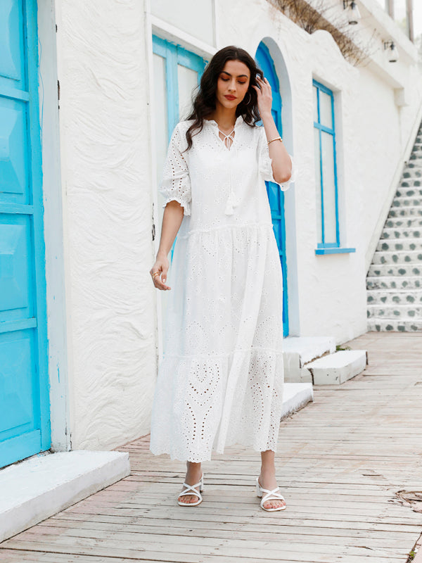 Boho V-Neck Printed Midi Dress – Short Sleeves, Cotton-Poly Blend