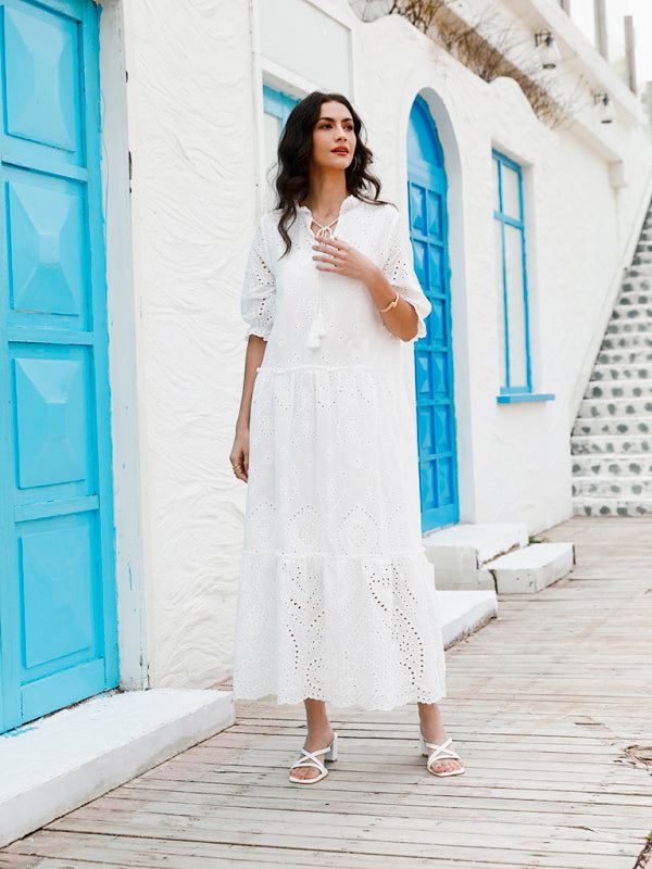 Boho V-Neck Printed Midi Dress – Short Sleeves, Cotton-Poly Blend