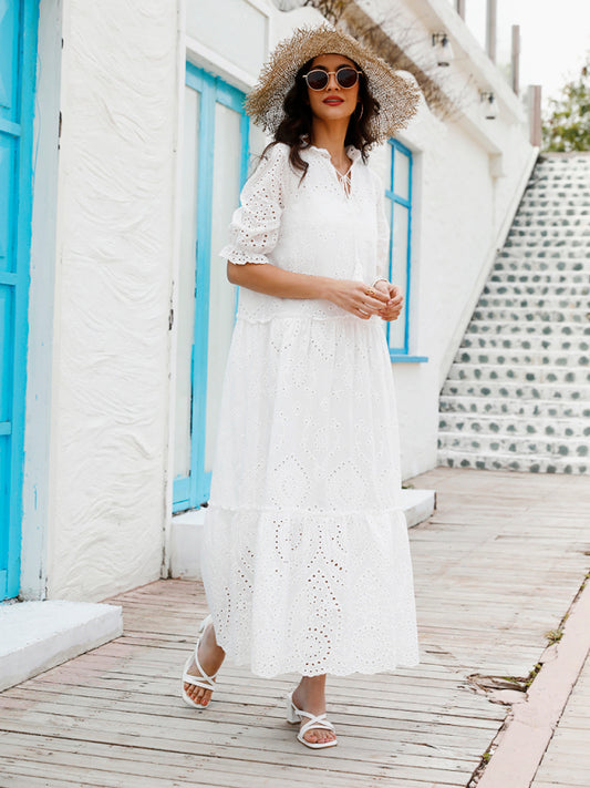 Boho V-Neck Printed Midi Dress – Short Sleeves, Cotton-Poly Blend
