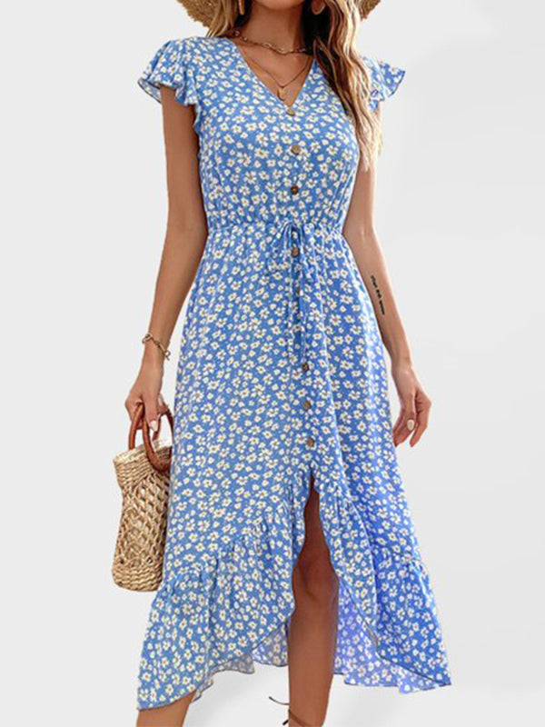 Blue Irregular Printed V-Neck Midi Dress – Short Sleeve & Lightweight Woven