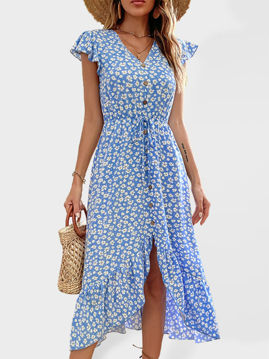 Blue Irregular Printed V-Neck Midi Dress – Short Sleeve & Lightweight Woven
