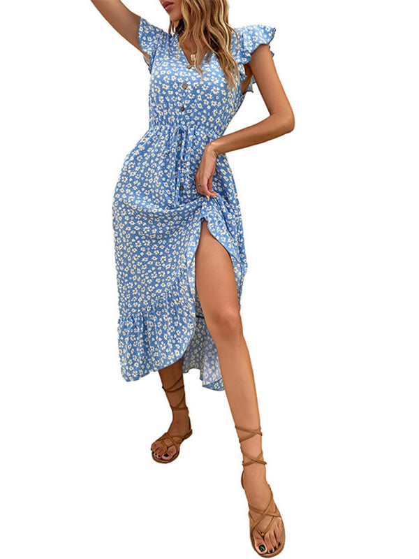 Blue Irregular Printed V-Neck Midi Dress – Short Sleeve & Lightweight Woven