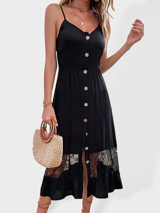 Black Strapless Lace Trim Maxi Dress – Sleeveless Viscose Knit for Spring-Summer