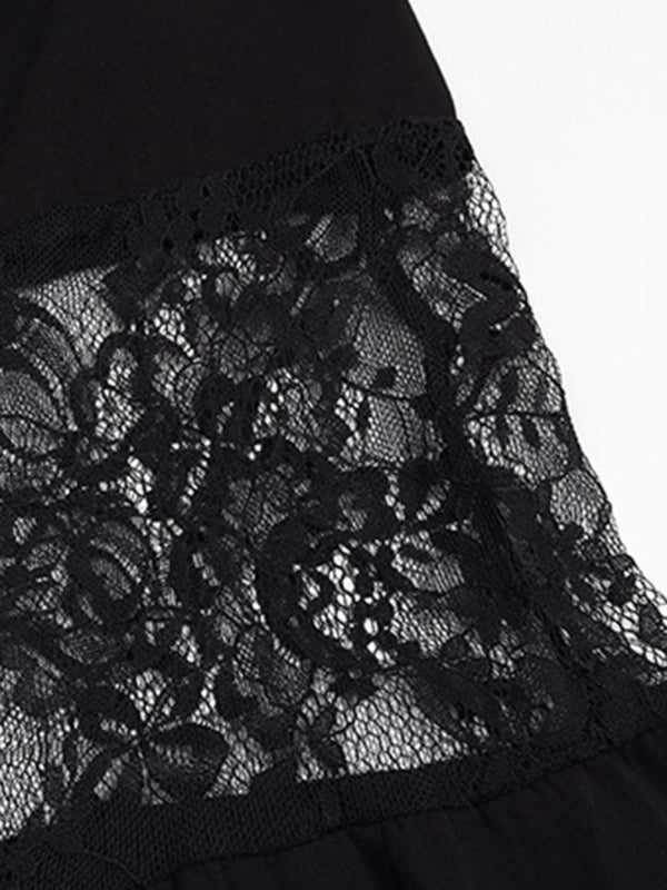 Black Strapless Lace Trim Maxi Dress – Sleeveless Viscose Knit for Spring-Summer