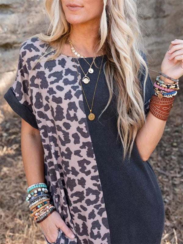 Leopard Print Round Neck Bodycon Maxi Dress – Short Sleeve, Knit Fabric