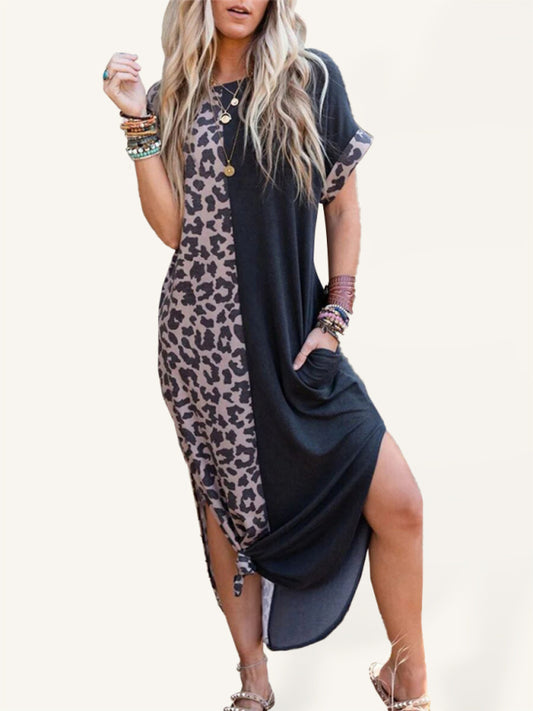Leopard Print Round Neck Bodycon Maxi Dress – Short Sleeve, Knit Fabric