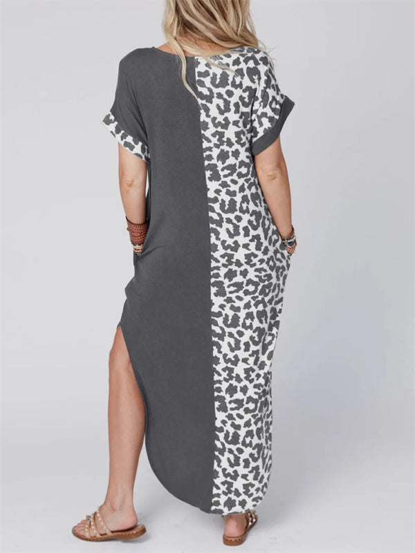 Leopard Print Round Neck Bodycon Maxi Dress – Short Sleeve, Knit Fabric