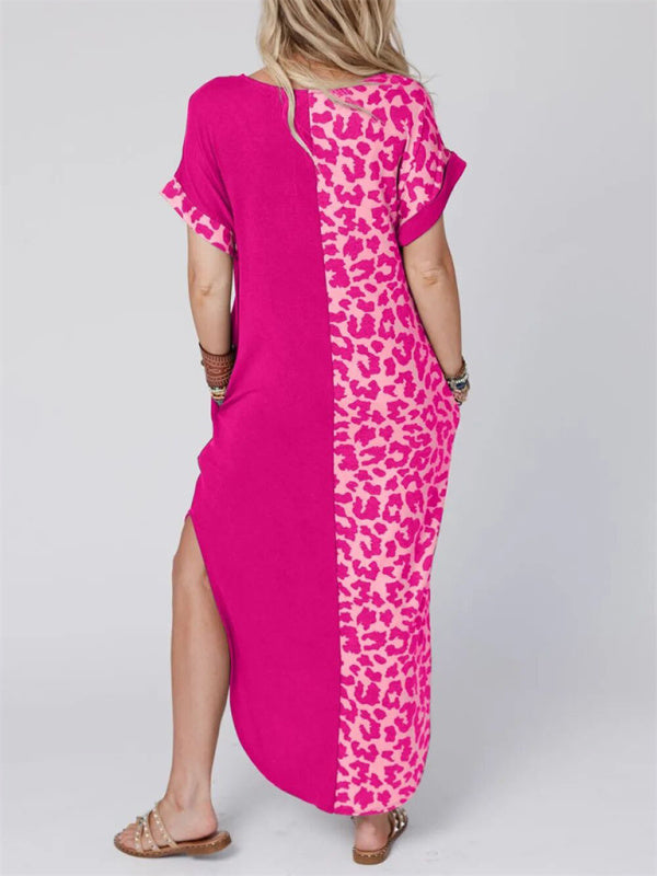 Leopard Print Round Neck Bodycon Maxi Dress – Short Sleeve, Knit Fabric
