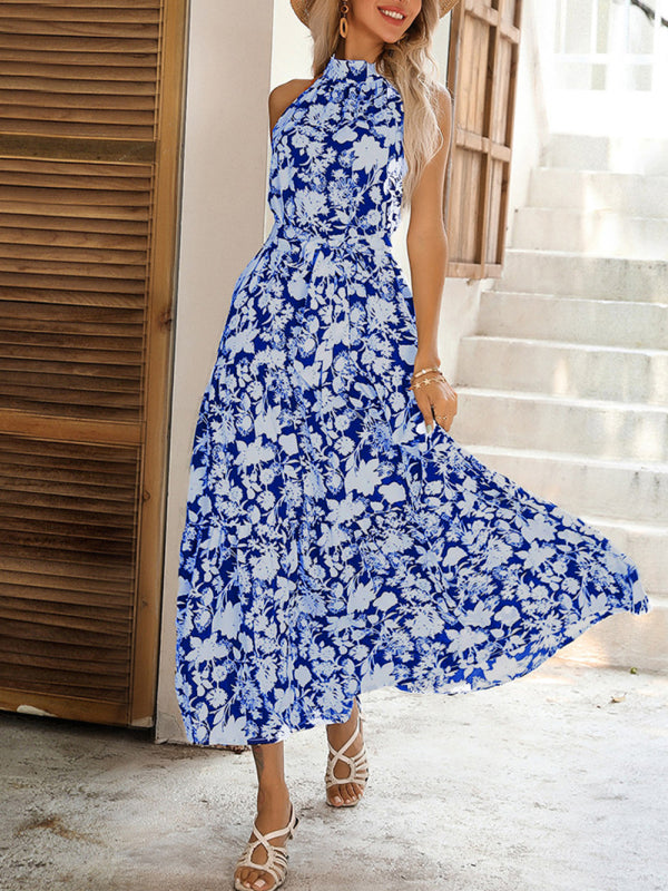 French Halter Neck Sleeveless Slit Dress – Allover Print Summer Maxi