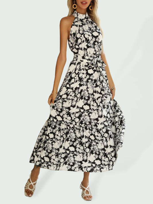 French Halter Neck Sleeveless Slit Dress – Allover Print Summer Maxi