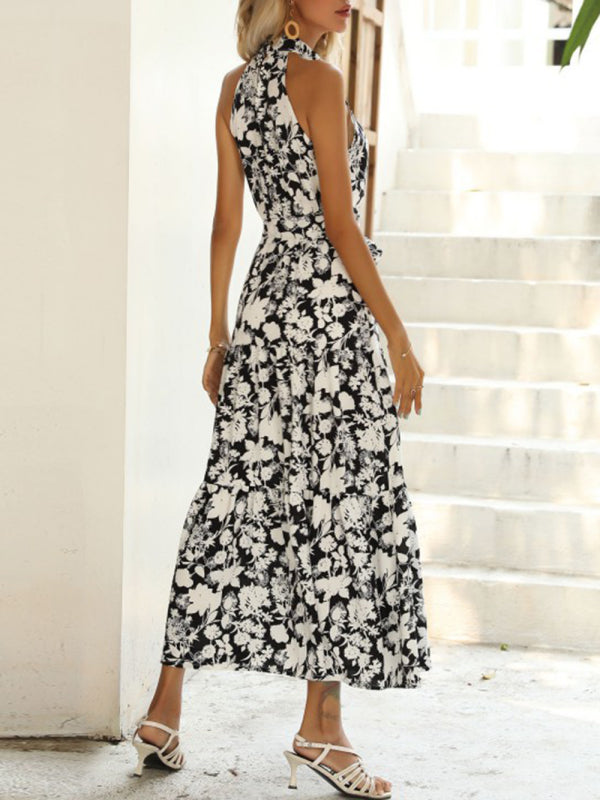 French Halter Neck Sleeveless Slit Dress – Allover Print Summer Maxi