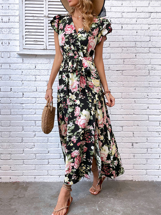 Floral Mid-Length Slit Dress – Sleeveless V-Neck for Summer Vacations