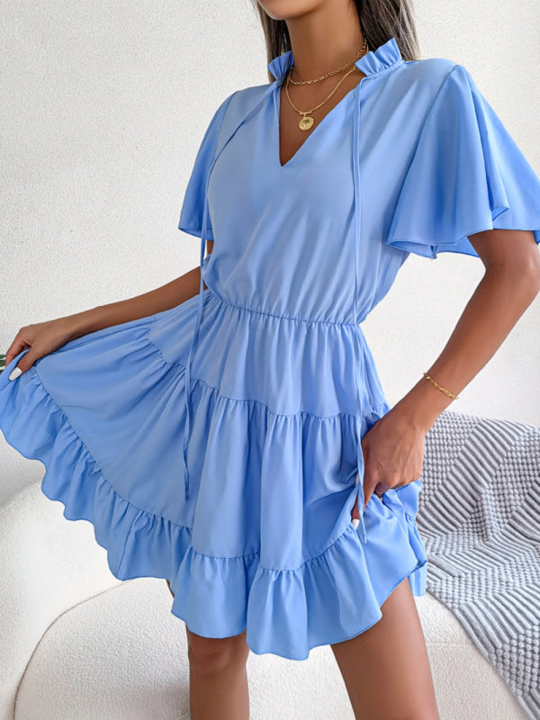 A-Linien-Kleid mit Rüschenärmeln für Damen – einfarbig, V-Ausschnitt, Lotusblatt-Saum