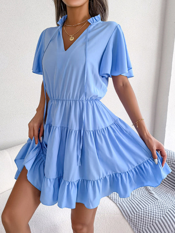 A-Linien-Kleid mit Rüschenärmeln für Damen – einfarbig, V-Ausschnitt, Lotusblatt-Saum