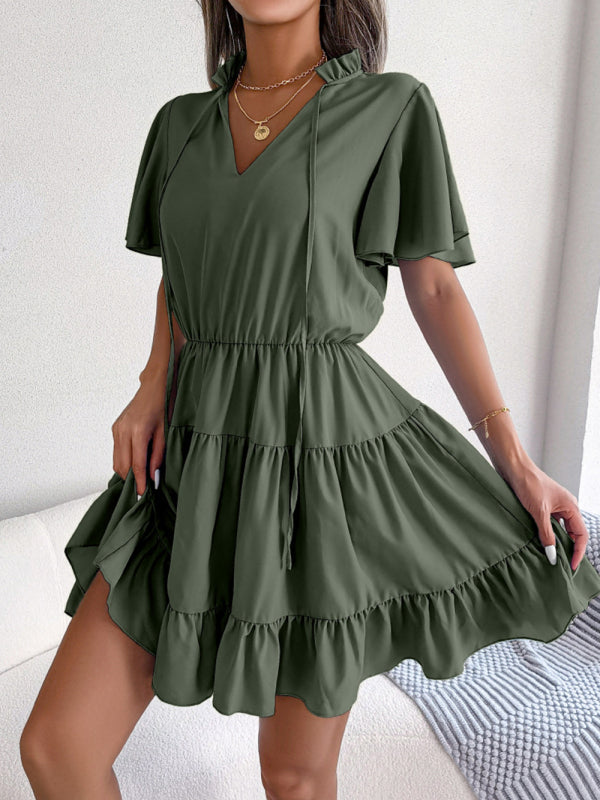 A-Linien-Kleid mit Rüschenärmeln für Damen – einfarbig, V-Ausschnitt, Lotusblatt-Saum