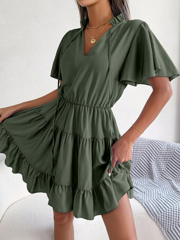 A-Linien-Kleid mit Rüschenärmeln für Damen – einfarbig, V-Ausschnitt, Lotusblatt-Saum