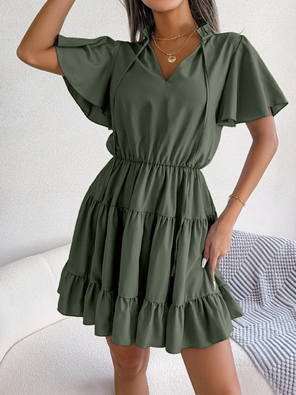 A-Linien-Kleid mit Rüschenärmeln für Damen – einfarbig, V-Ausschnitt, Lotusblatt-Saum
