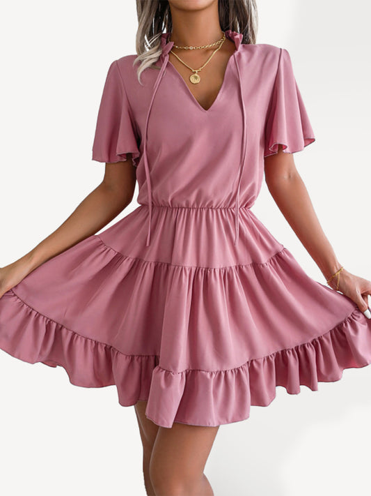 A-Linien-Kleid mit Rüschenärmeln für Damen – einfarbig, V-Ausschnitt, Lotusblatt-Saum