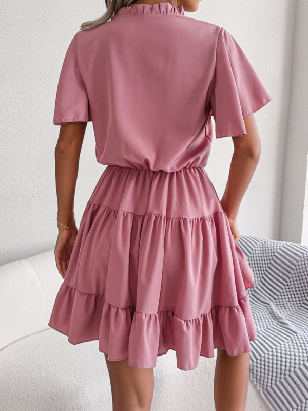 A-Linien-Kleid mit Rüschenärmeln für Damen – einfarbig, V-Ausschnitt, Lotusblatt-Saum
