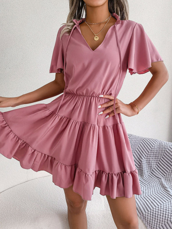 A-Linien-Kleid mit Rüschenärmeln für Damen – einfarbig, V-Ausschnitt, Lotusblatt-Saum