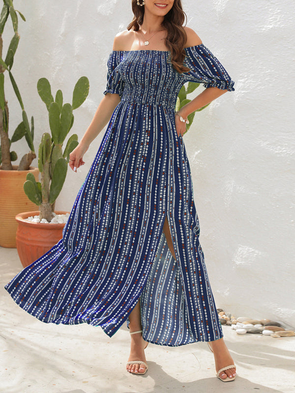 One-Shoulder Vertical Stripe Holiday Slit Dress – Boho Summer Favorite