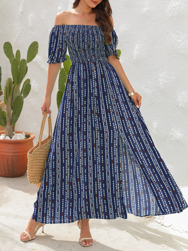 One-Shoulder Vertical Stripe Holiday Slit Dress – Boho Summer Favorite