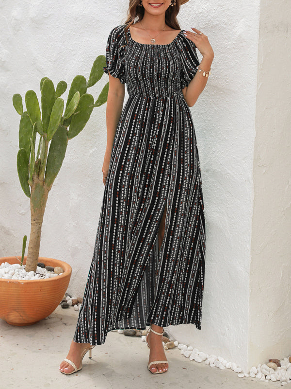 One-Shoulder Vertical Stripe Holiday Slit Dress – Boho Summer Favorite