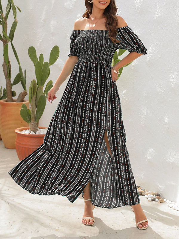 One-Shoulder Vertical Stripe Holiday Slit Dress – Boho Summer Favorite