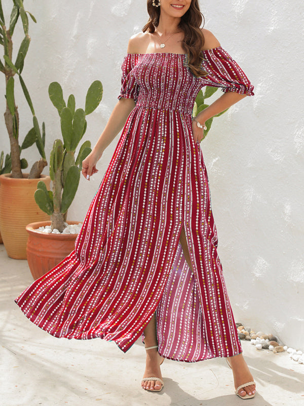 One-Shoulder Vertical Stripe Holiday Slit Dress – Boho Summer Favorite