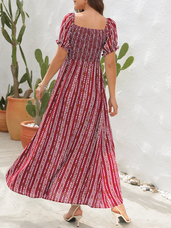 One-Shoulder Vertical Stripe Holiday Slit Dress – Boho Summer Favorite