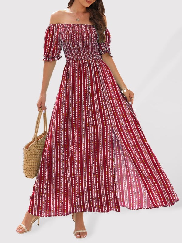 One-Shoulder Vertical Stripe Holiday Slit Dress – Boho Summer Favorite