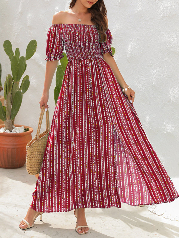 One-Shoulder Vertical Stripe Holiday Slit Dress – Boho Summer Favorite