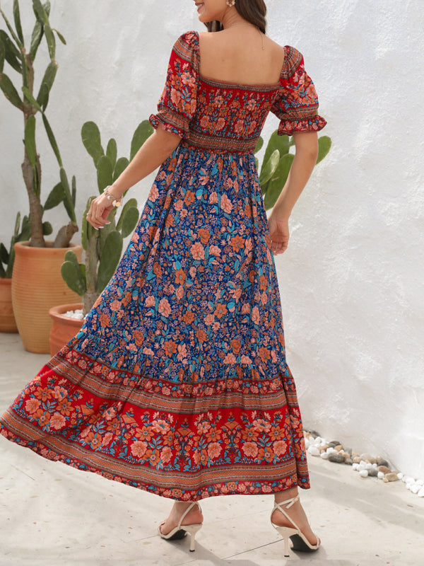 Boho Off-Shoulder Puff Sleeve Floral Midi Dress – Spring-Summer Beachwear