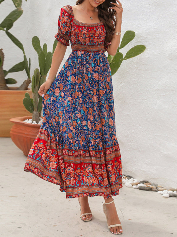 Boho Off-Shoulder Puff Sleeve Floral Midi Dress – Spring-Summer Beachwear