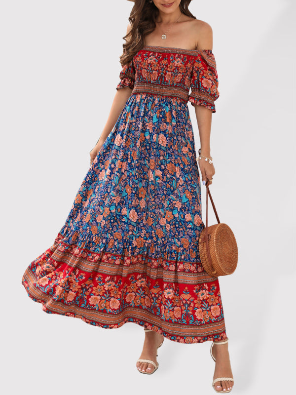 Boho Off-Shoulder Puff Sleeve Floral Midi Dress – Spring-Summer Beachwear