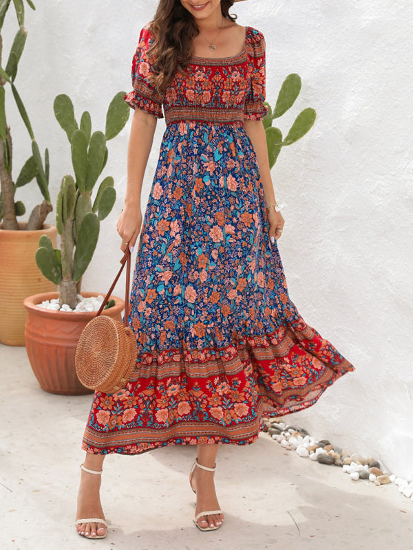 Boho Off-Shoulder Puff Sleeve Floral Midi Dress – Spring-Summer Beachwear