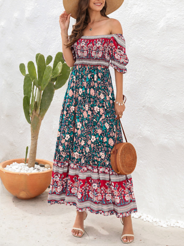 Boho Off-Shoulder Puff Sleeve Floral Midi Dress – Spring-Summer Beachwear