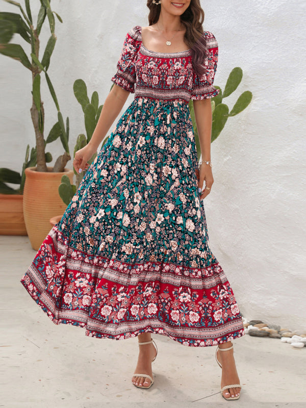 Boho Off-Shoulder Puff Sleeve Floral Midi Dress – Spring-Summer Beachwear