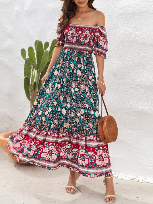 Boho Off-Shoulder Puff Sleeve Floral Midi Dress – Spring-Summer Beachwear