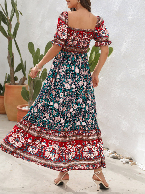 Boho Off-Shoulder Puff Sleeve Floral Midi Dress – Spring-Summer Beachwear