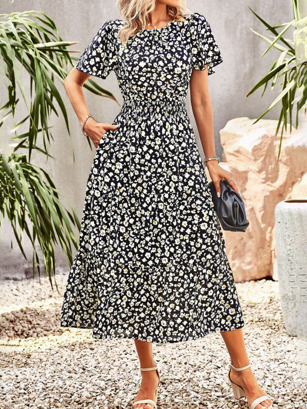 Elegant Floral Short Sleeve Maxi Dress – Waist-Defining Summer Style