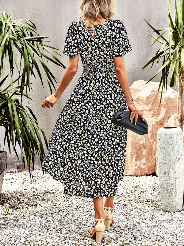 Elegant Floral Short Sleeve Maxi Dress – Waist-Defining Summer Style
