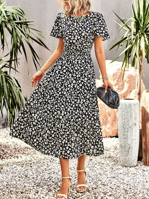 Elegant Floral Short Sleeve Maxi Dress – Waist-Defining Summer Style
