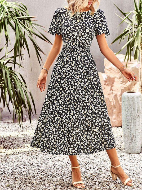 Elegant Floral Short Sleeve Maxi Dress – Waist-Defining Summer Style