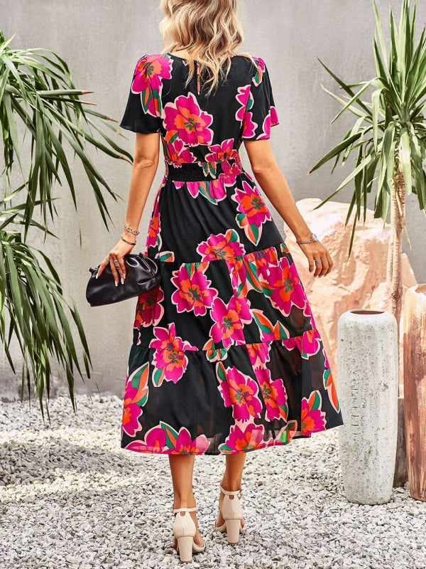 Elegant Floral Short Sleeve Maxi Dress – Waist-Defining Summer Style