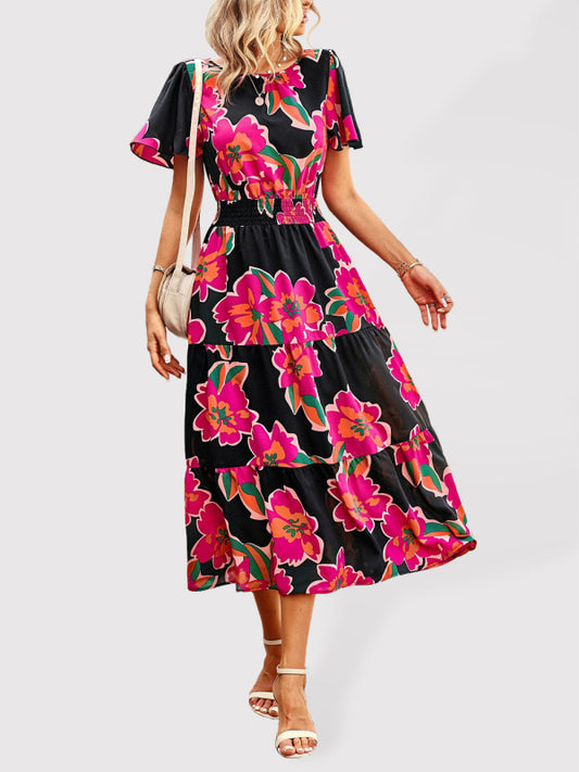 Elegant Floral Short Sleeve Maxi Dress – Waist-Defining Summer Style
