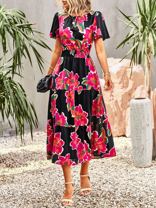 Elegant Floral Short Sleeve Maxi Dress – Waist-Defining Summer Style