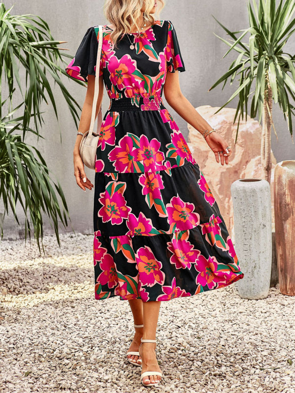 Elegant Floral Short Sleeve Maxi Dress – Waist-Defining Summer Style