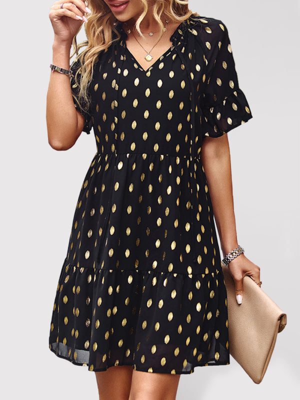 Elegant Bronzing Polka Dot Short Dress – V-Neck, Lightweight Woven Fabric