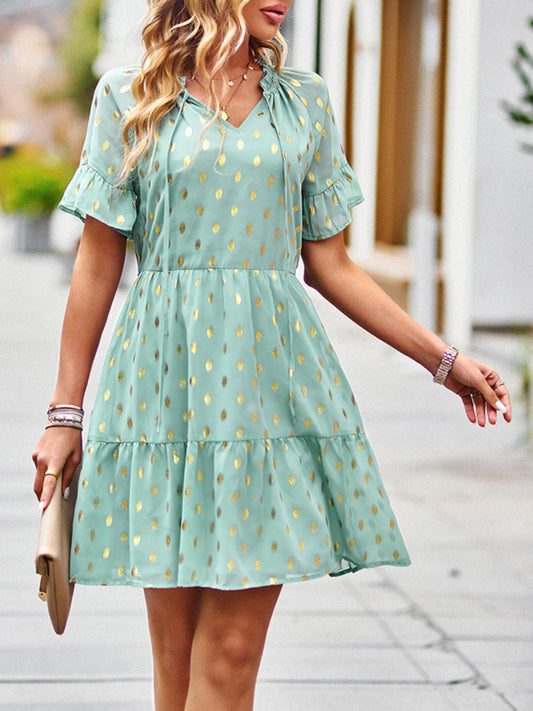 Elegant Bronzing Polka Dot Short Dress – V-Neck, Lightweight Woven Fabric